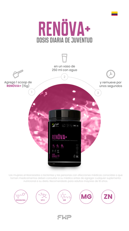 Colágeno Hidrolizado RENÖVA+ FWP Original | Biopéptidos Activos, Resveratrol y CoQ10 Sabor Berries